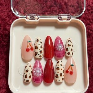 Cherry and Leopard Print Nail Set